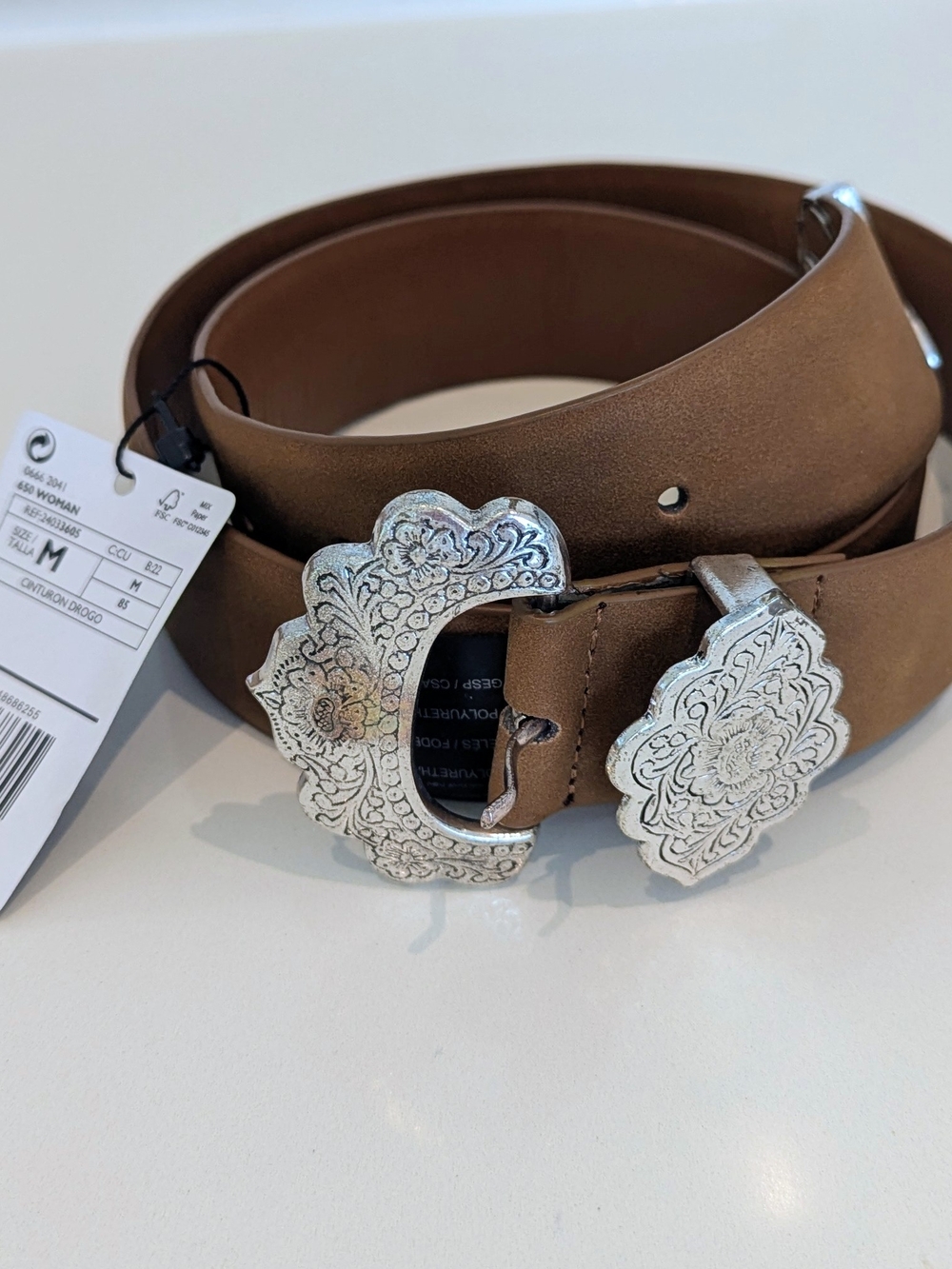 Mango Women's Brown Belt with Embossed Silver Buckle. M. NWT.